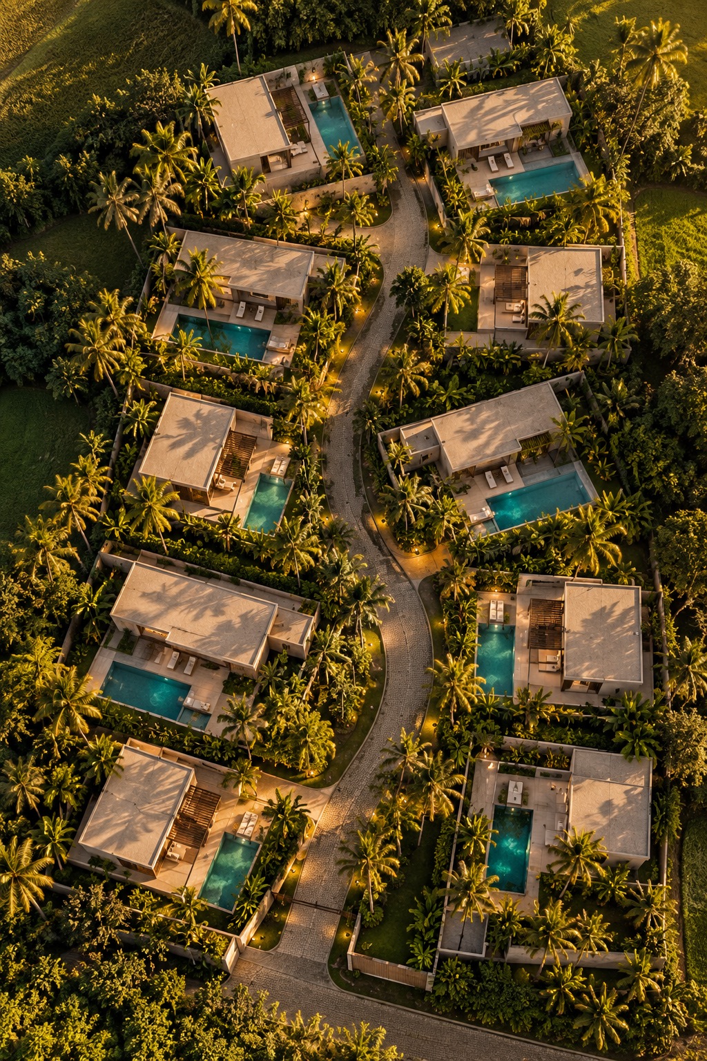 Aerial view of a completed estate of contemporary villas with private pools