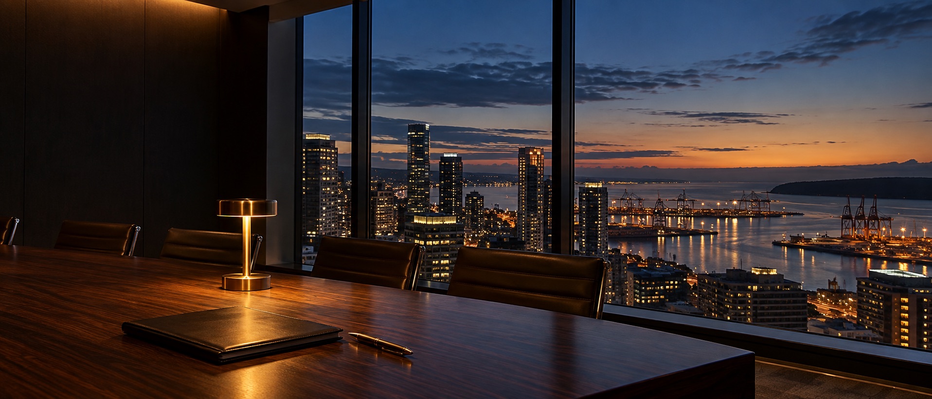 An empty meeting room at dusk, its windows overlooking a port city and container cranes