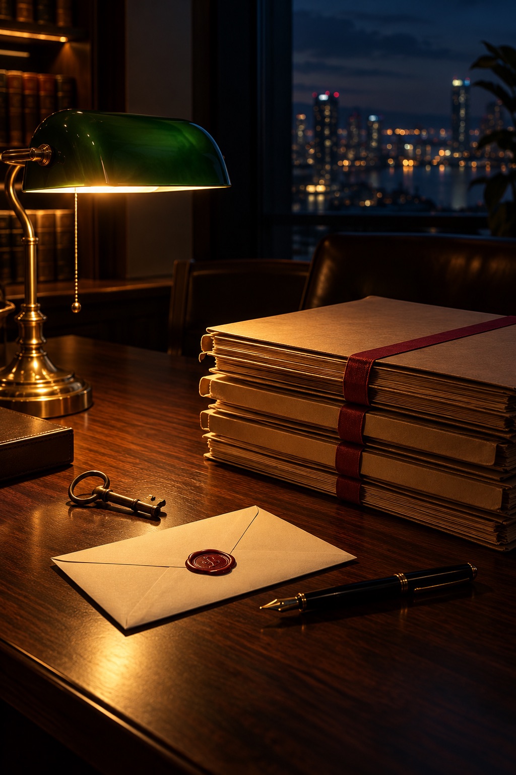 Closed case files tied with cloth tape, a sealed envelope and a brass key on a desk lit by a banker's lamp