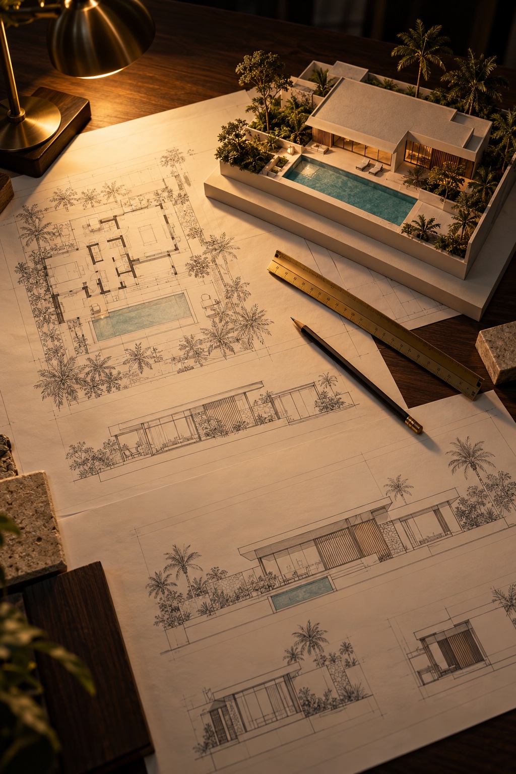 Architectural plans and a model of a contemporary villa on a desk